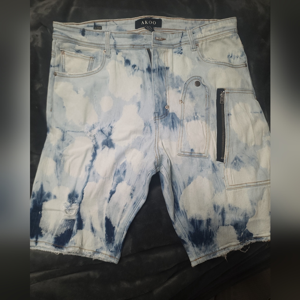 Akoo Blue and White Jean Shorts with Distressed Design